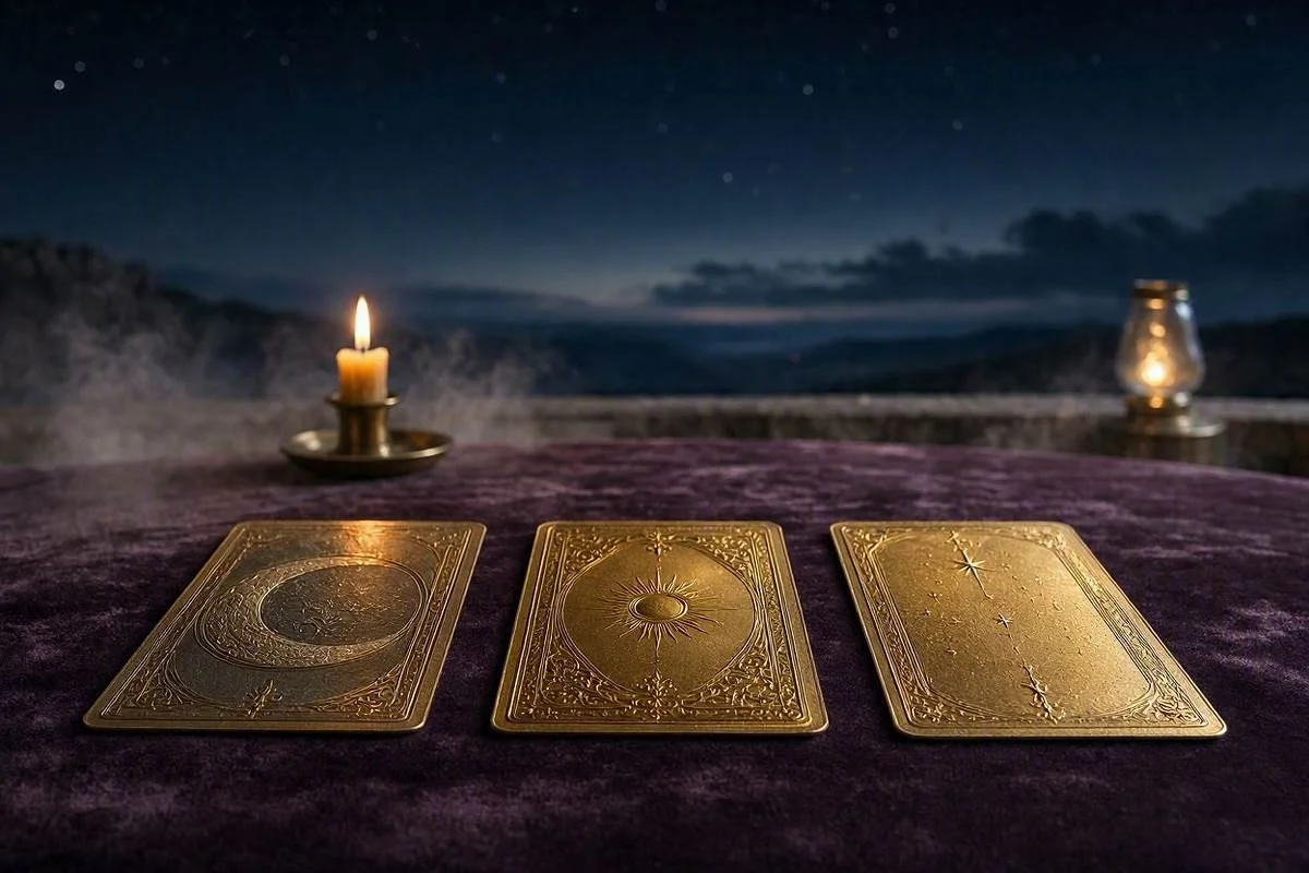 Tiragem de três cartas do tarot, três cartas douradas dispostas lado a lado sobre uma mesa de veludo escuro, representando passado, presente e futuro, sob céu noturno místico dourado