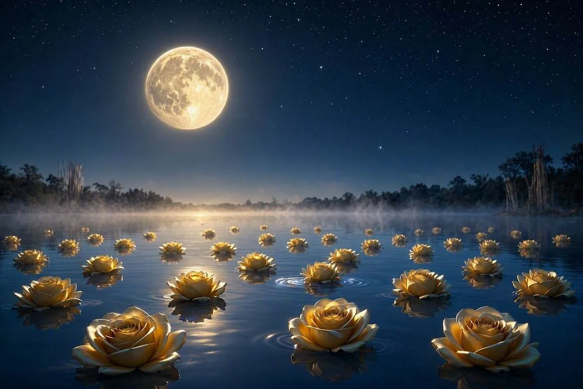 Rosas douradas flutuando em um lago calmo sob astro brilhante em céu estrelado, capa do artigo sobre Vênus no mapa astral