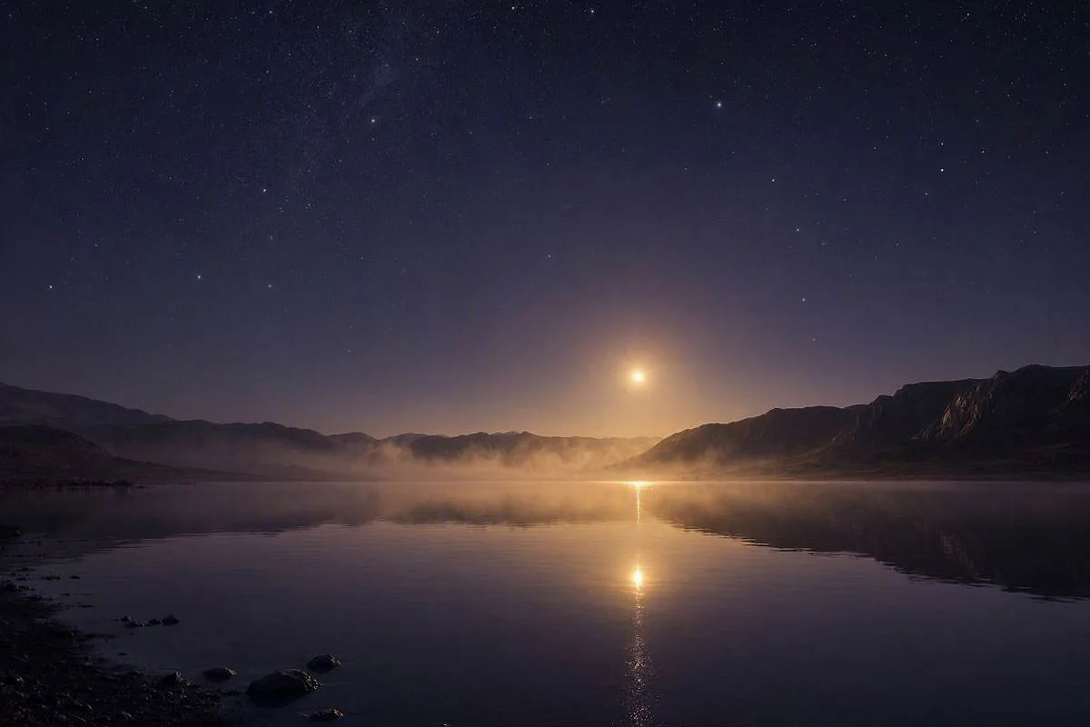 Vênus brilhando como estrela dourada no céu noturno refletida em um lago calmo, capa do artigo sobre Vênus retrógrado