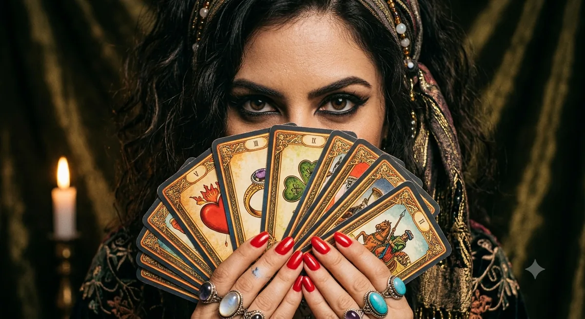 Cartomante segurando cartas de tarot da Umbanda